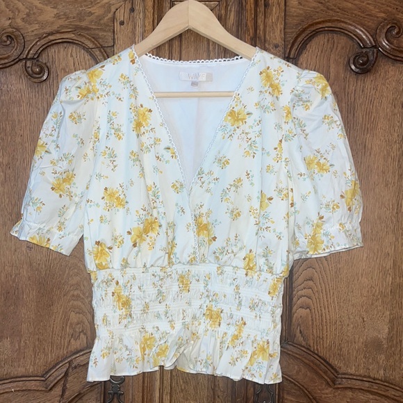 Wayf Tops - WAYF yellow floral smocked blouse crop